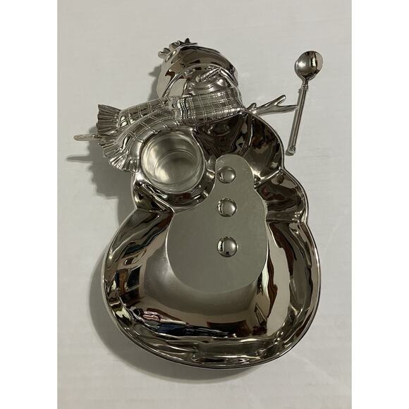Vtg Metal Holiday Christmas Snowman Appetizer Tray Serving Dish with Spoon - Picture 1 of 8